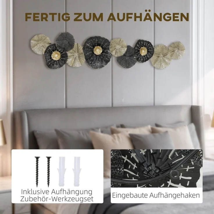 Wandbild, Wandschmuck mit Metallrahmen, moderner Stil, Schwarz+Gold--Schwarz--134x7x29cm--YOUDENOVA – Bild 5
