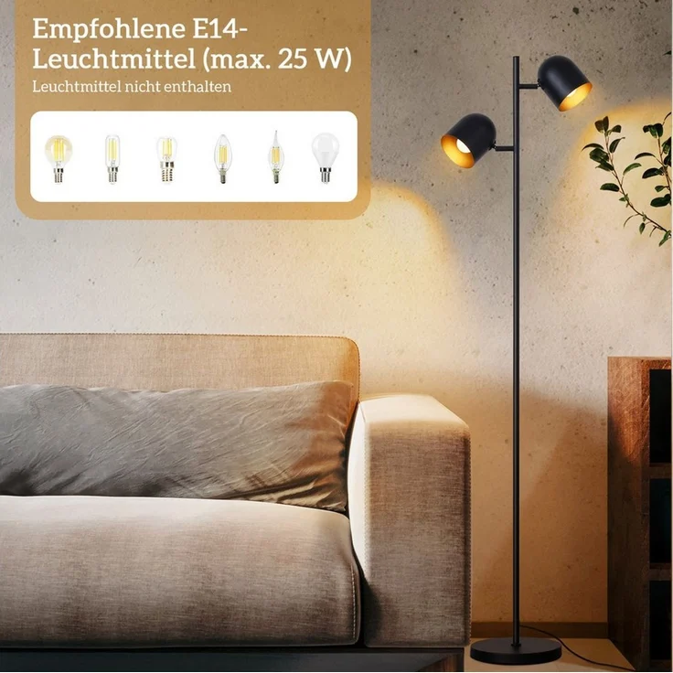 Nettlife Stehlampe Schwarz Wohnzimmer Stehleuchte Vintage Metall 2 Flammig E14 Industrial, Schwenkbar 350°, LED wechselbar, Stehleuchte Leselampe Retro für Schlafzimmer Wohnzimmer – Bild 2
