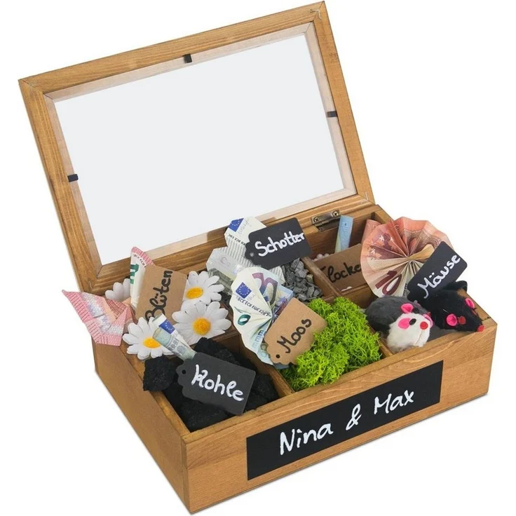 SURPRISA Geschenkbox Schotter-Schatulle Geldgeschenk, aus Pinienholz, 6 Fächer, Geschenk zur Hochzeit, Geburtstag usw. – Bild 5