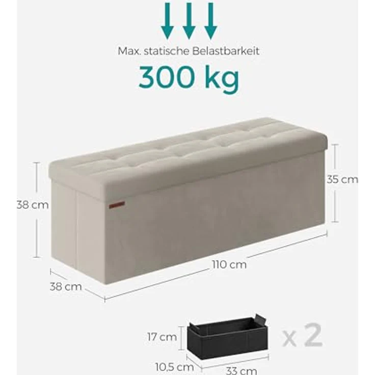 SONGMICS Sitzhocker mit Stauraum, klappbare Sitzbank, 38 x 110 x 38 cm Fußbank, Aufbewahrungsbox, bis 300 kg belastbar, für Wohnzimmer Schlafzimmer Flur, cremeweiß LSF277W01 – Bild 4