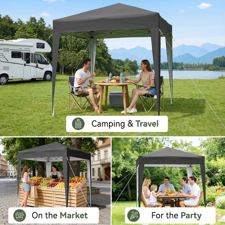 Aoxun Pop Up Pavillon 2x2m Wasserdicht, Metallrahmen-Schutzzelt, Höhe Verstellbar, Faltpavillon 2x2 mit Tragetasche für Camping Party, Grau – Bild 7
