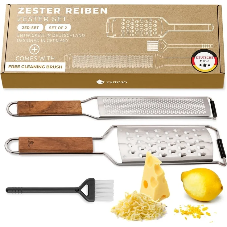 Exitoso Zitruszester Zester-Reibe 2er-Set, Ideal für Ingwer Knoblauch Muskatreibe Zitrusfrüchte, Holz