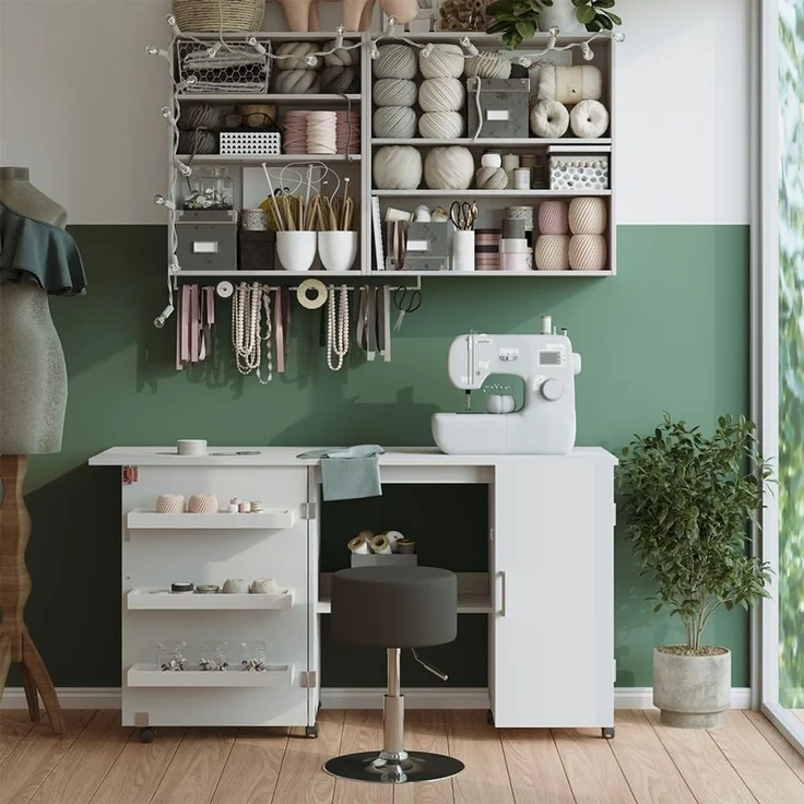 Nähtisch Carmen Weiß 148 x 75 cm mit 3 Regalfächer und Schrank Vicco – Bild 2