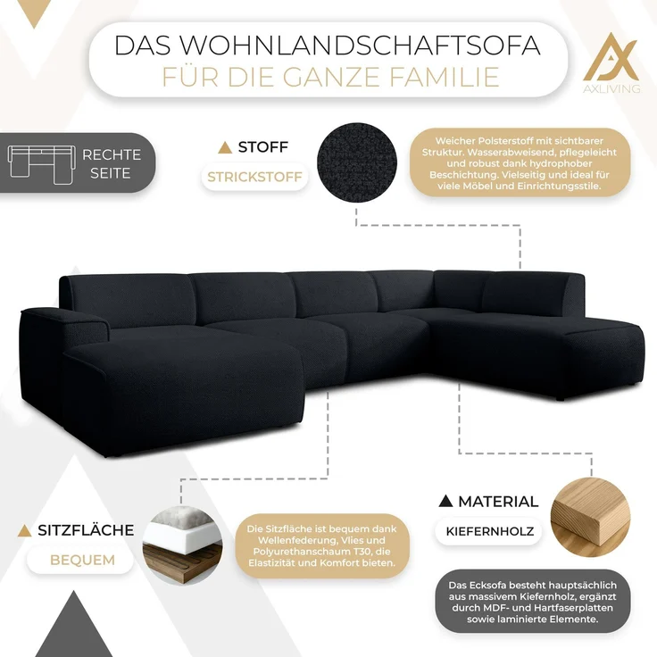 AX LIVING XXL Sofa U Form Didim Dunkelgrau 378cm breit modern & großzügig R – Bild 5