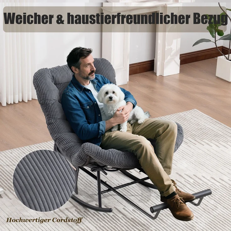 LVHOM Schaukelstuhl mit ausziehbarer Fußstütze, Rattanstuhl mit Stahlrahmen, Schaukelsessel mit gepolstertem Kissen und Seitentasche, Lounge Sessel, 1 St, Dunkelgrau – Bild 6