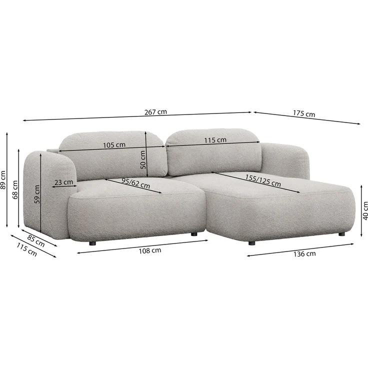 Selsey Tvoya Ecksofa mit Schlaffunktion, Ottomane rechts, Bouclé Hellgrau – Bild 5