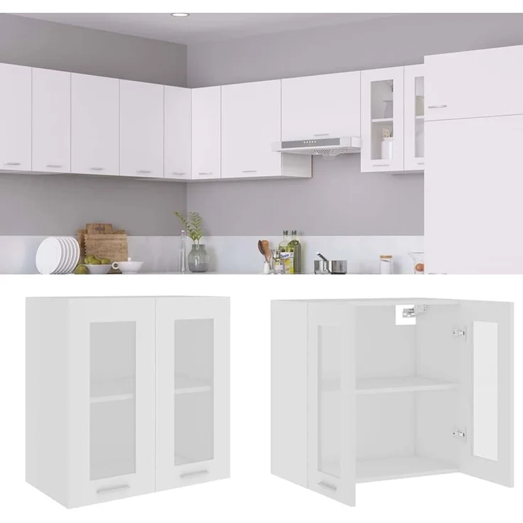 vidaXL Hängeglasschrank 2 Regalböden Hängeschrank Einbauküche Küchenzeile Küchenmöbel Oberschrank Küchenschrank Weiß 60 x 31 x 60 cm Holzwerkstoff – Bild 2