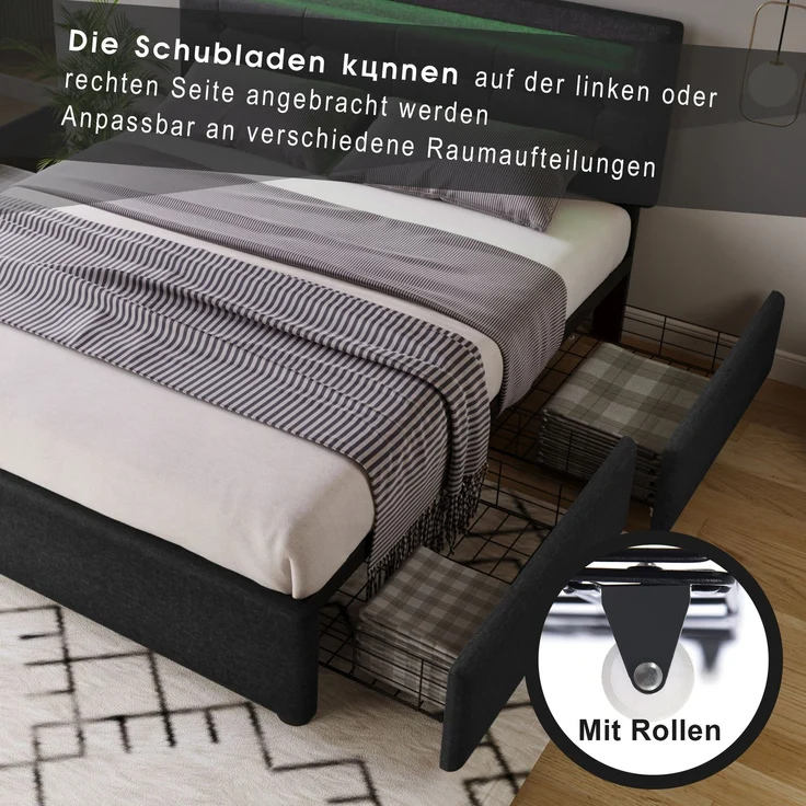 Einzelbett 140 × 200 cm mit LED-Beleuchtung, verstellbarem Kopfteil, 4 Schubladen, Leinenbezug in Schwarz, modernes Design,inklusive Matratze – Bild 6