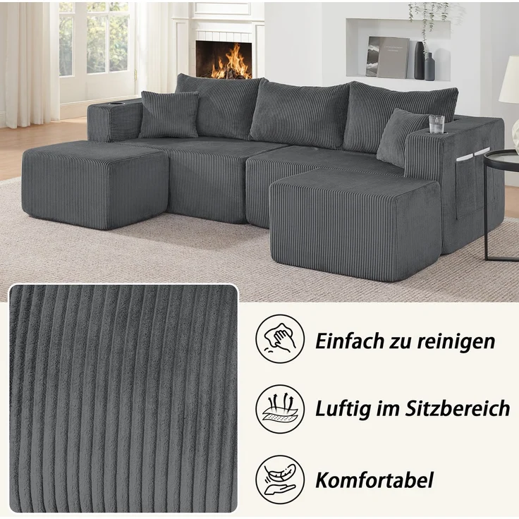 Modulares 3-Sitzer-Ecksofa aus Cordstoff mit Ottomanen & Getränkehaltern, H 75 x T 138 x B 230 cm, Grau – Bild 8