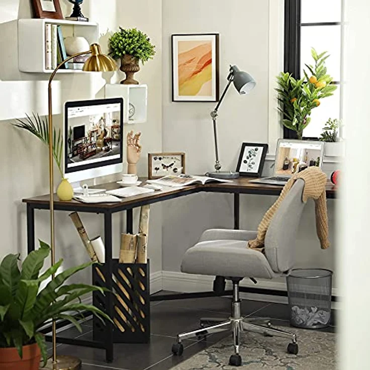 VENDOMNIA Schreibtisch industrial Design, aus Metall (Ablage oder Monitorständer, Schwarz Braun, Modellwahl, Eckscreibtisch, Computertisch, Bürotisch, L Form Arbeitstisch), Vintage Retro Laptop und PC Tisch – Bild 6