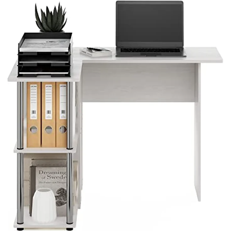 Furinno Abbott L-förmiger Schreibtisch mit Bücherregal, Weiße Eiche, Edelstahlrohre – Bild 4