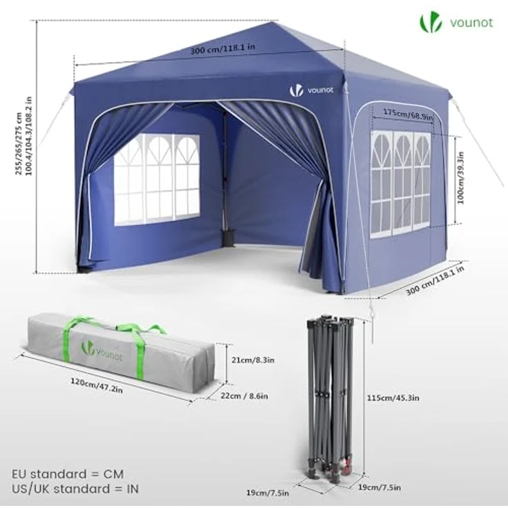 VOUNOT Pavillon 3x3 m mit 4 Seitenteilen & 4 Sandsäcke, Pop Up Faltpavillon, Wasserdicht, Faltbar Gartenzelt Partyzelt, inkl. Tasche, Blau – Bild 8