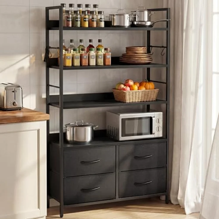 YITAHOME Industrie-Bücherregal, 4-stöckiges Regal mit verstellbaren Einlegeböden und 4 Stoffschubladen, freistehendes Präsentationsregal mit Metallrahmen für Wohnzimmer, Schwarz – Bild 9
