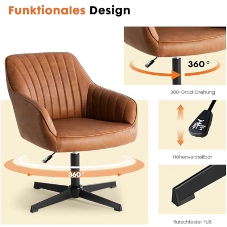 Sweetcrispy Esszimmerstühle, Küchenstuhl Drehbar & Höhenverstellbar - Leder Sessel Esstisch mit Armlehne, 360° Drehstuhl Esszimmer in Braun, 2 Stück – Bild 6