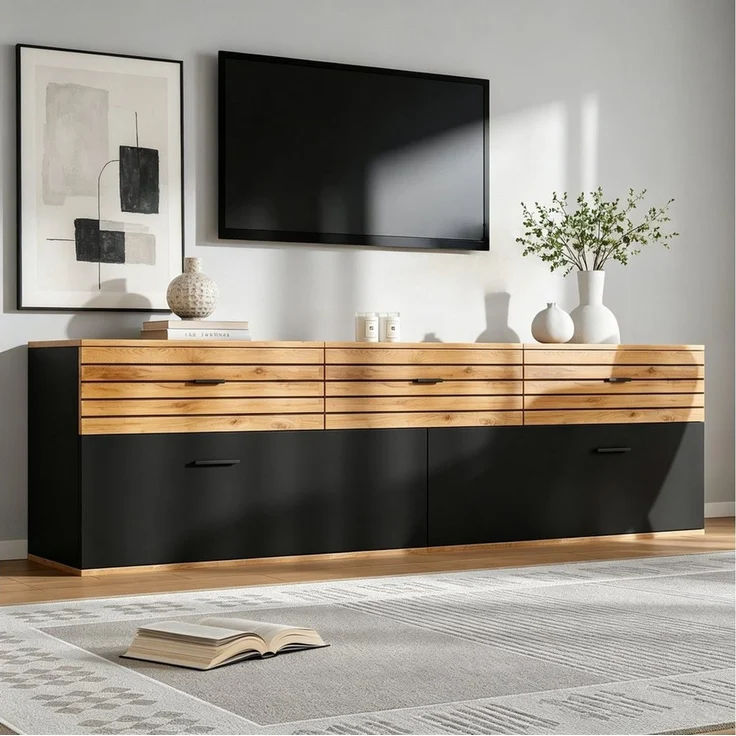 Fine Life Pro TV-Schrank Lowboard / TV‑Schrank / TV‑Lowboard mit 2 Türen, 3 Schubladen 168×38×59 cm, für Wohnzimmer – Bild 3
