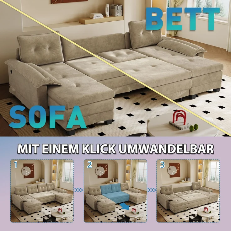 ZUBALIYA Schlafsofa 127x87 cm, mit USB - Anschluss, mit Ausziehbett, mit Chenille - Bezug, mit Samtbezug, modular aufgebaut, Weiß – Bild 7