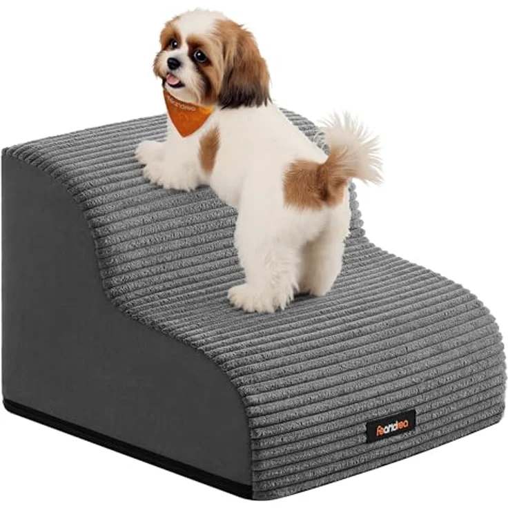 Feandrea Hundetreppe, 2 Stufen, Cord mit Querstreifen, Haustiertreppe, für Bett, Sofa, wasserdicht, rutschfest, geringe Neigung, Abnehmbarer waschbarer Bezug, Griff, schiefergrau PPS002GN01 – Bild 2