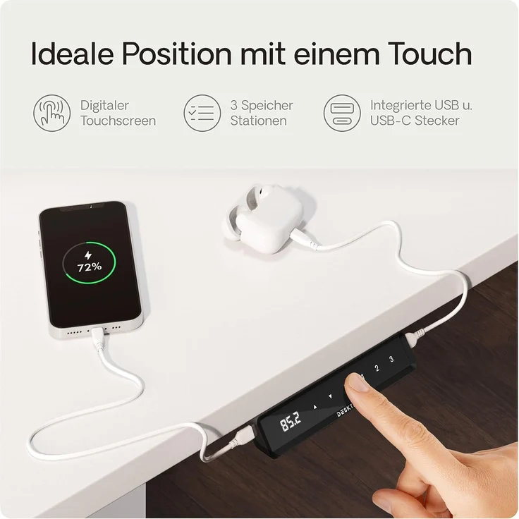 Desktronic Elektrisch Höhenverstellbarer Schreibtischgestell HomeOne , Weiß, mit Memory-Funktion, Anti-Kollisions Technologie, USB-A und USB-C-Ladeanschlüssen – Bild 3