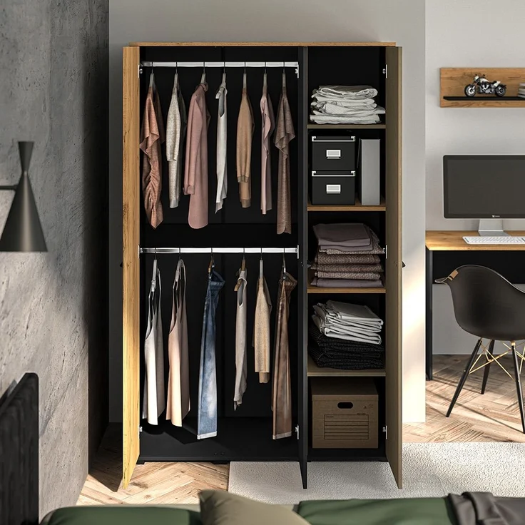 Kleiderschrank 3-türig, schwarz mit Eiche und sandfarben, CASPER-131 – Bild 5