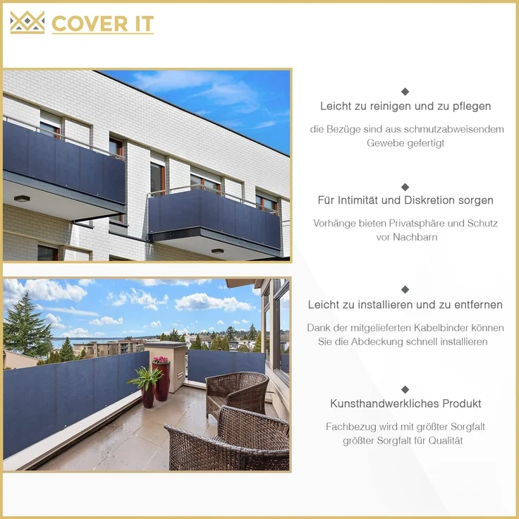 COVER IT Balkon Sichtschutz Ohne Bohren Balkonsichtschutz Blau mit Ösen 85x500 cm Sichtschutz Balkon Ohne Bohren - Sichtschutz für Balkon Terrasse - Sichtschutz Balkongeländer – Bild 5