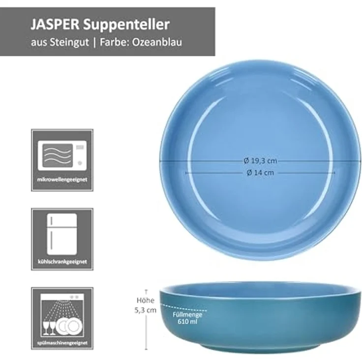 Ritzenhoff & Breker Suppenteller Ritzenhoff 4x Jasper Suppenteller 610ml Ozeanblau Steingut 4 Pers. – Bild 5