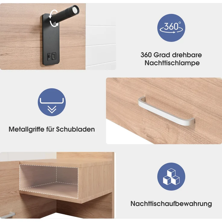 Doppelbett Holzbett Bettanlage mit 2 Schubladen, Kopfteil Leselicht mit USB Ladefunktion, Modernes Bett inkl. 2 Nachtkommode, Bettgestell & Lattenrost, Set in Eiche/Weiß, Ohne Matratze, 180×200 cm – Bild 5