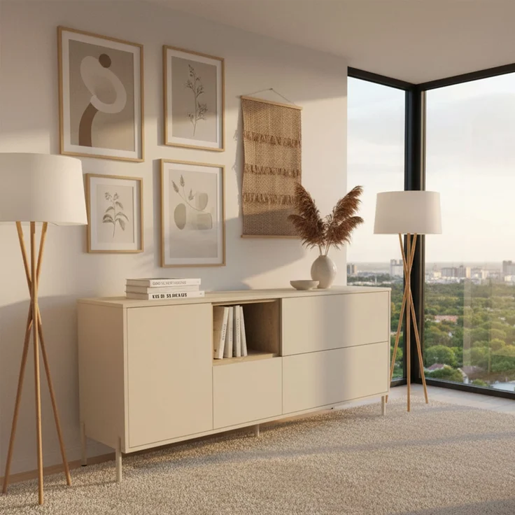 Sideboard HYGGE mit 1 Tür, 3 Schubladen, 1 offenes Fach, Cashmere Weiß – Bild 4