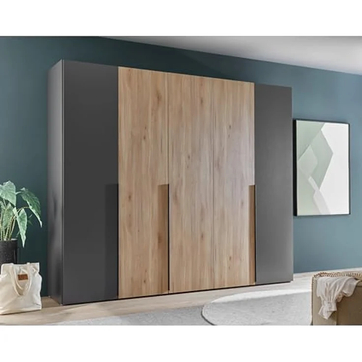 Stella Trading ASKA Kleiderschrank in Graphit, Mauvella Eiche Optik - Vielseitiger Drehtürenschrank 5-türig für Ihr Schlafzimmer - 249 x 210 x 53 cm (B/H/T) – Bild 3
