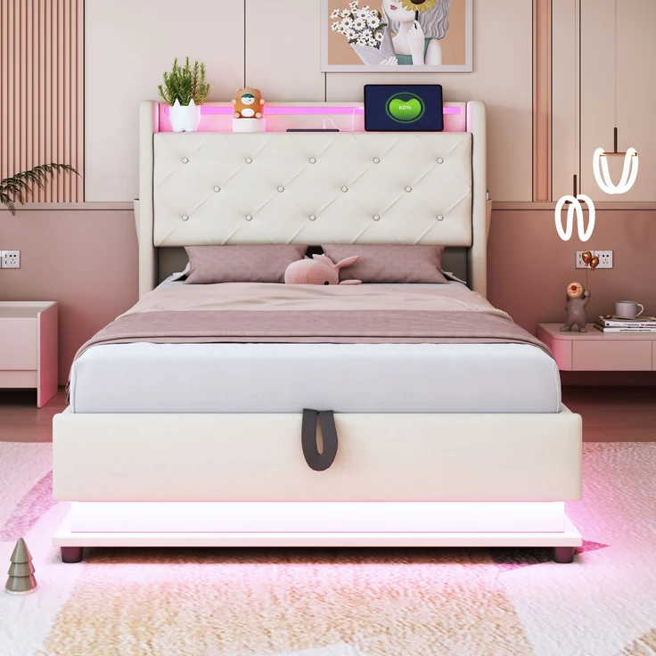 Polsterbett 90x200 cm aus Leinenstoff mit Stauraum und LED-Beleuchtung, ohne Matratze – Bild 3