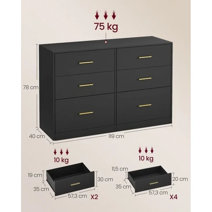 VASAGLE Kommode mit 6 Schubladen, Aufbewahrungsschrank, für Schlafzimmer, Wohnzimmer, 40 x 119 x 78 cm, schwarz – Bild 5