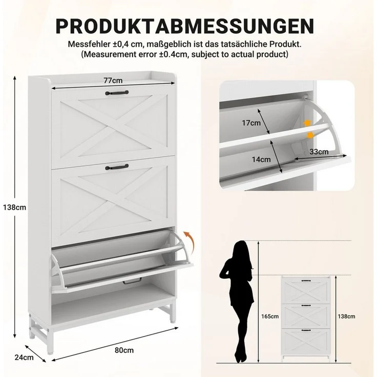 HawthyHome Schuhschrank 80 x 24 x 138 cm, hoch mit 3 Klappen für 18–24 Paar Schuhe (1-St) Schmaler Schuhkipper mit verstellbaren Trennwänden – Bild 2