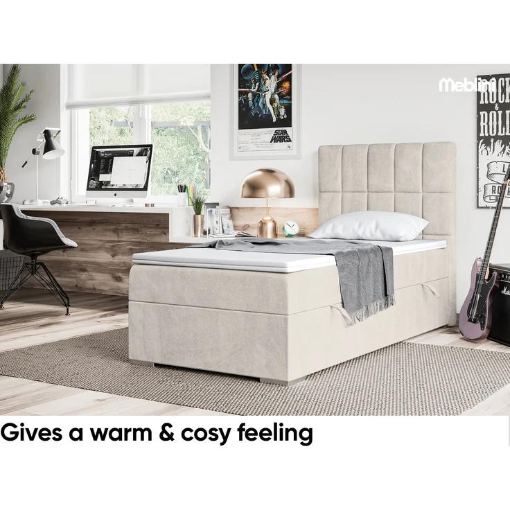 MEBLINI Boxspringbett LUKAS 100x200 cm mit Bettkasten - H4/Beige Samt Gepolstert Einzelbett mit Topper & Taschenfederkern-Matratze - 100x200 Rechts – Bild 4