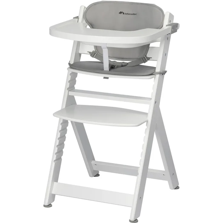 Bebeconfort Hochstuhl Timba - White Gray, Mitwachsender Holz Baby Kinderhochstuhl mit Sitzauflage - verstellbar