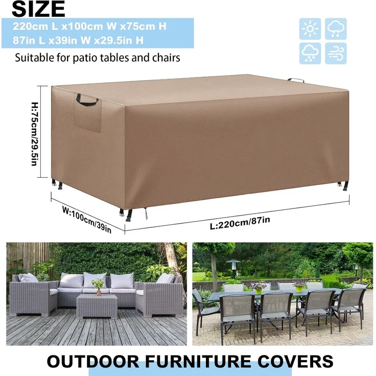 WUAYAMI Gartenmöbel Abdeckung wasserdichte Abdeckplane Gartenmöbel Winddicht Anti-UV Schwerlast 420D -Oxford Gewebe für Sitzgruppe Gartentische Terrassenmöbel Khaki, 220 x 100 x 75 – Bild 3