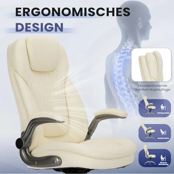 COLAMY Chefsessel aus Atmungsaktivem Leder – Ergonomischer Bürostuhl, Schreibtischstuhl，Bürostuhl Ergonomisch, Flip-up-Armlehnen& Leisen Rollen für Homeoffice und Büro, Elfenbein – Bild 4