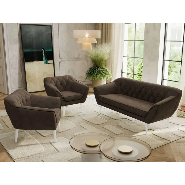 Wohnzimmerset PIRS 1-1-3, Skandinavisches 3-Sitzer Sofa mit Sesseln, Sofa mit Wellenfederung, weiße Füße, Skandinavisches Möbelset - Braun Velvet – Bild 3