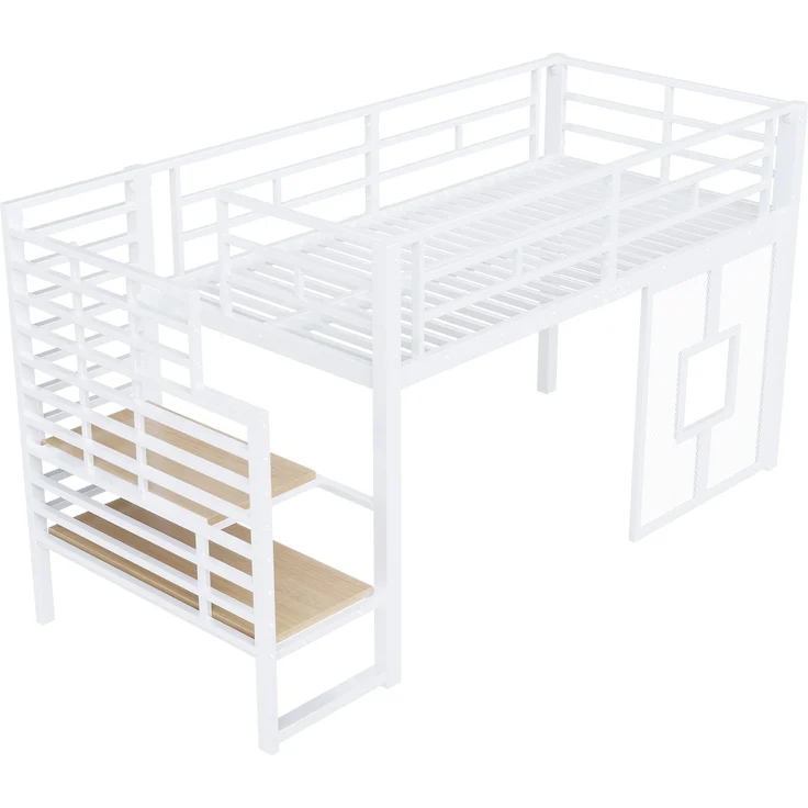 U-life Metall-Hochbett 90x200 cm mit Stauraumtreppe, LED-Beleuchtung und Fenster, Weiß – Bild 2