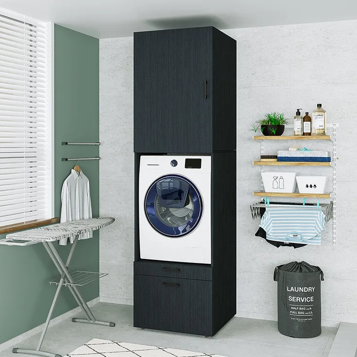 Roomart Waschmaschinenschrank mit Schrankaufsatz & Ausziehbrett – SERIE 2 - 67 cm breit, Waschmaschinenschrank für Waschküche & Hauswirtschaftsraum • Schwarz-Eiche