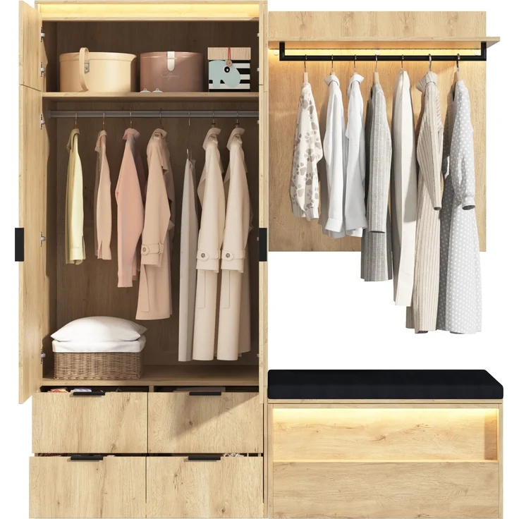 Garderoben-Set aus MDF mit LED-Beleuchtung, Spiegel und Sitzbank, 180x47x200 cm, Eiche/Anthrazit – Bild 8