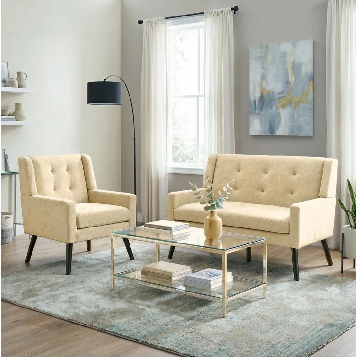 Sessel-Set aus Einzelsessel und Zweisitzer, mit Massivholzbeinen, 119x75x88 cm, Beige – Bild 1