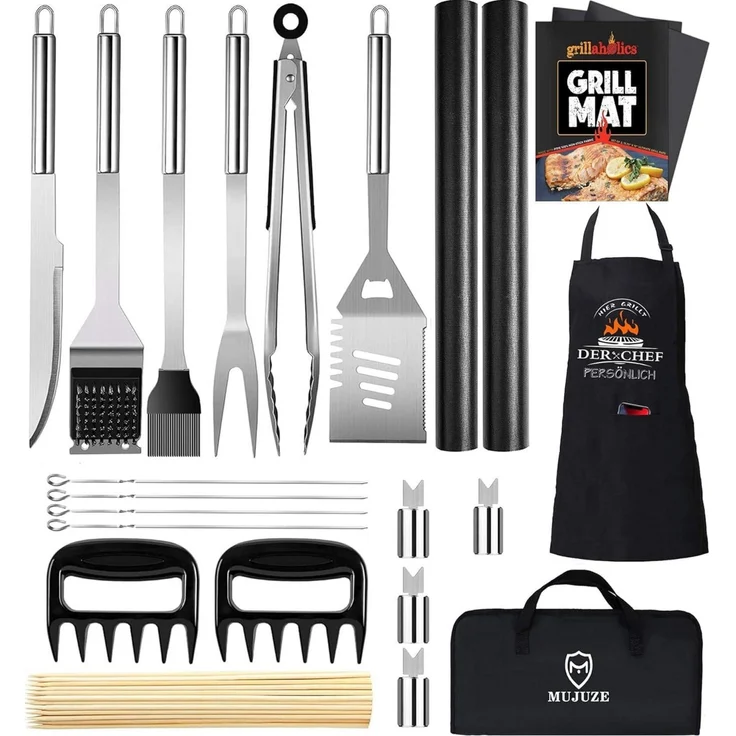 Grillbesteck Set Edelstahl Grill Geschenke Zubehör mit Schürze und Koffer, 1x Grillbesteck-Set (21-tlg.) – Bild 1
