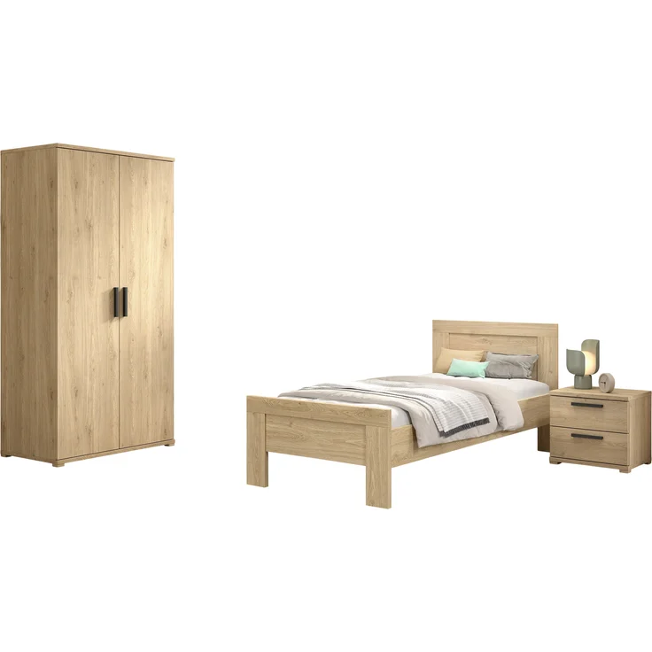 SAM Artikel-Set 3-tlg. best aus, Einzelbett, Nachtkonsole, Kleiderschrank 2-trg, Ausf. Eiche Melamin Dekor – Bild 2