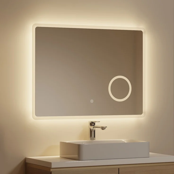 EMKE Badspiegel mit 3-fache Vergrößerung, LED Beleuchtung, 80x60cm, 3 Lichtfarben Dimmbar, Touch, Beschlagfrei