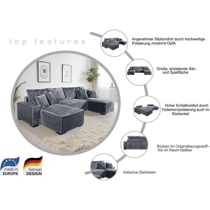 COLLECTION AB Wohnlandschaft Manhattan U-Form, B: 313 cm, in Breit- oder Normalcord, mit Bettfunktion, Bettkasten & Zierkissen, Federkern – Bild 2