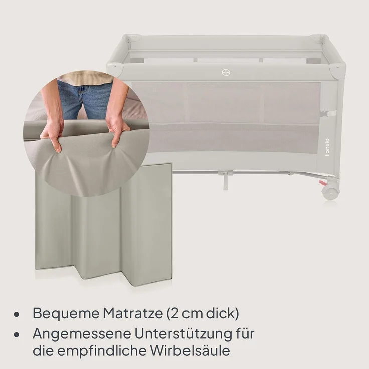 Lionelo Ellen 3 in 1 Reisebett von 0 bis 3 Jahren, Beistellbett für Neugeborene und ältere Kinder bis 15 kg, 2 Matratzenhöhen, Befestigungsgurte, seitlicher Reißverschluss, 2 Rollen, Tasche – Bild 4