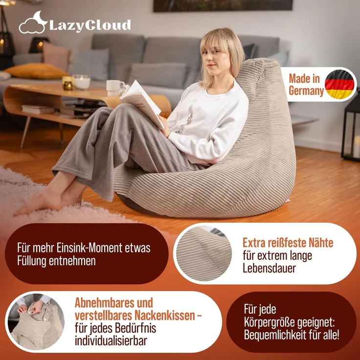 LazyCloud Sitzsack für Erwachsene mit integrierter [Nackenstütze] Cord | XXL Indoor Bean Bag mit Füllung | perfekt als Chill-, Lese- oder Gaming Sessel (90 x 80 x 70 cm) (Sandbeige) – Bild 6