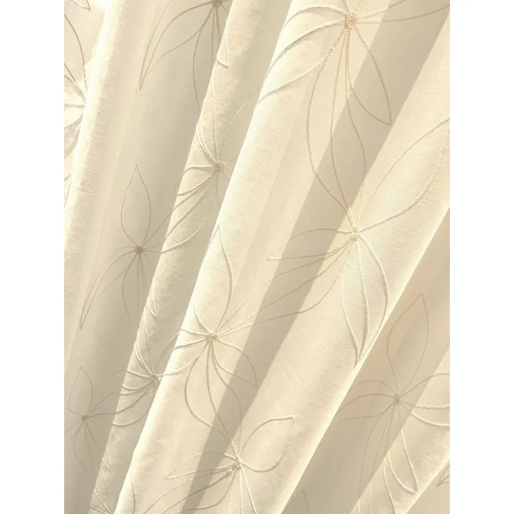 novumfix Gardine Echte Stickerei, natur, dezente Blumen feinste Webware 145x275cm(BxH), Kräuselband, extra lang – Bild 1