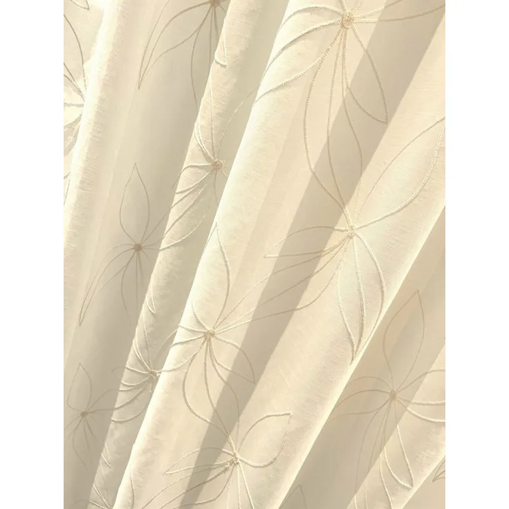novumfix Gardine Echte Stickerei, natur, dezente Blumen feinste Webware 145x275cm(BxH), Kräuselband, extra lang