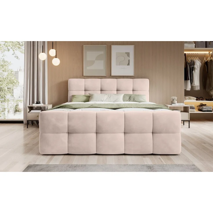 thematys Boxbett mit Bettkasten 160x200cm, mit Bonnellfederkernmatratze H3, Bouclé/Velours, mit Stauraum, mit 3 cm Topper, Beige (Velluto 02), Art.-Nr. S04GH0RGZGI – Bild 2