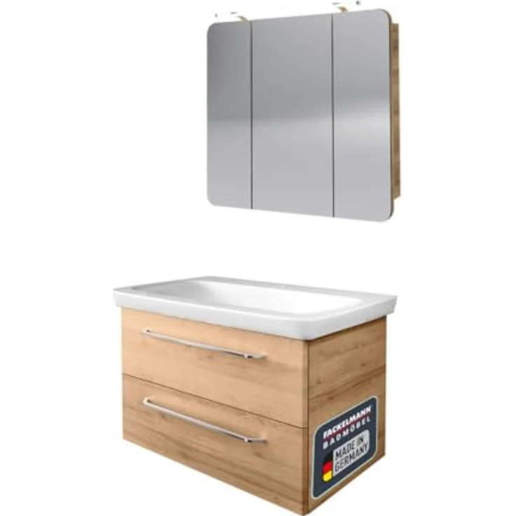 FACKELMANN MILANO Waschtisch Set mit Spiegelschrank 88 cm breit, Braun hell, Waschbecken Keramik Weiß – Bild 2